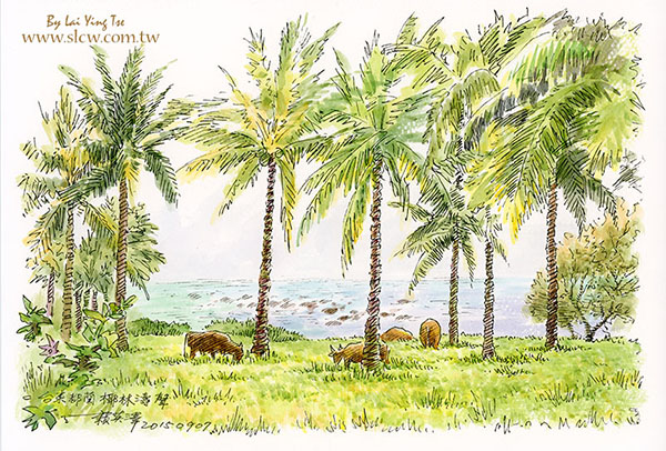 台灣都蘭椰影濤聲_賴英澤 繪_Taitong Coconut Trees With Waves